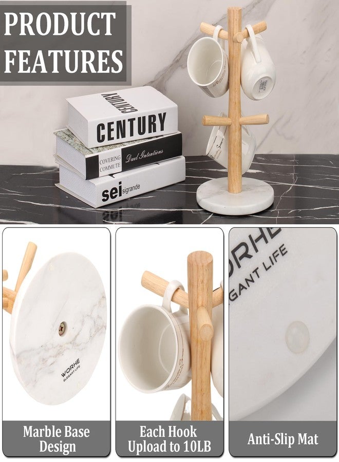 WORHE Mug Holder Marble Base with 6 Hooks Coffee Cup Rack Organizer for Countertop, Round Mugs Stand Hanger for Kitchen Counter Cabinet Bar Accessories and Home Decor White (MH001) - Image 3